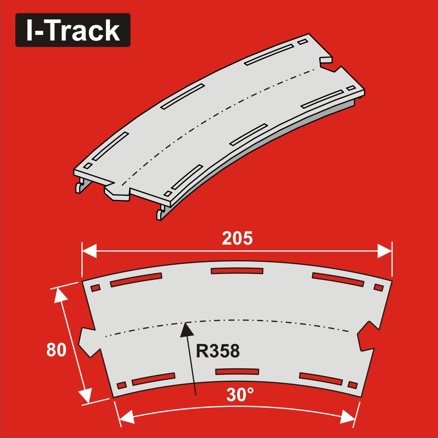 Single-track curvedsegment,R 358mm30°,W. 80mm 6pcs