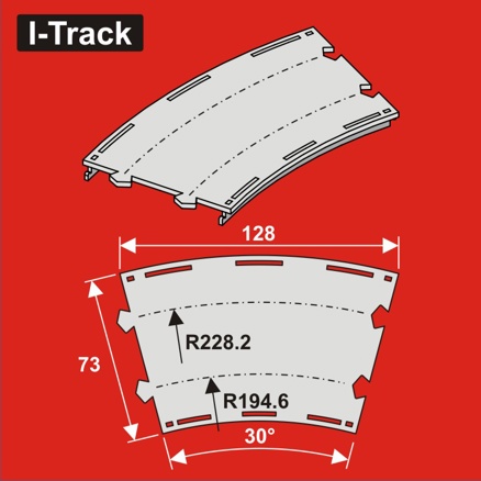 Curved Double-track,R194,6/228,2mm, W.73m,30°,6pcs