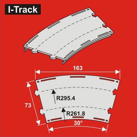 Curved Double-track,R261,8/295,4mm, W.73m,30°,6pcs
